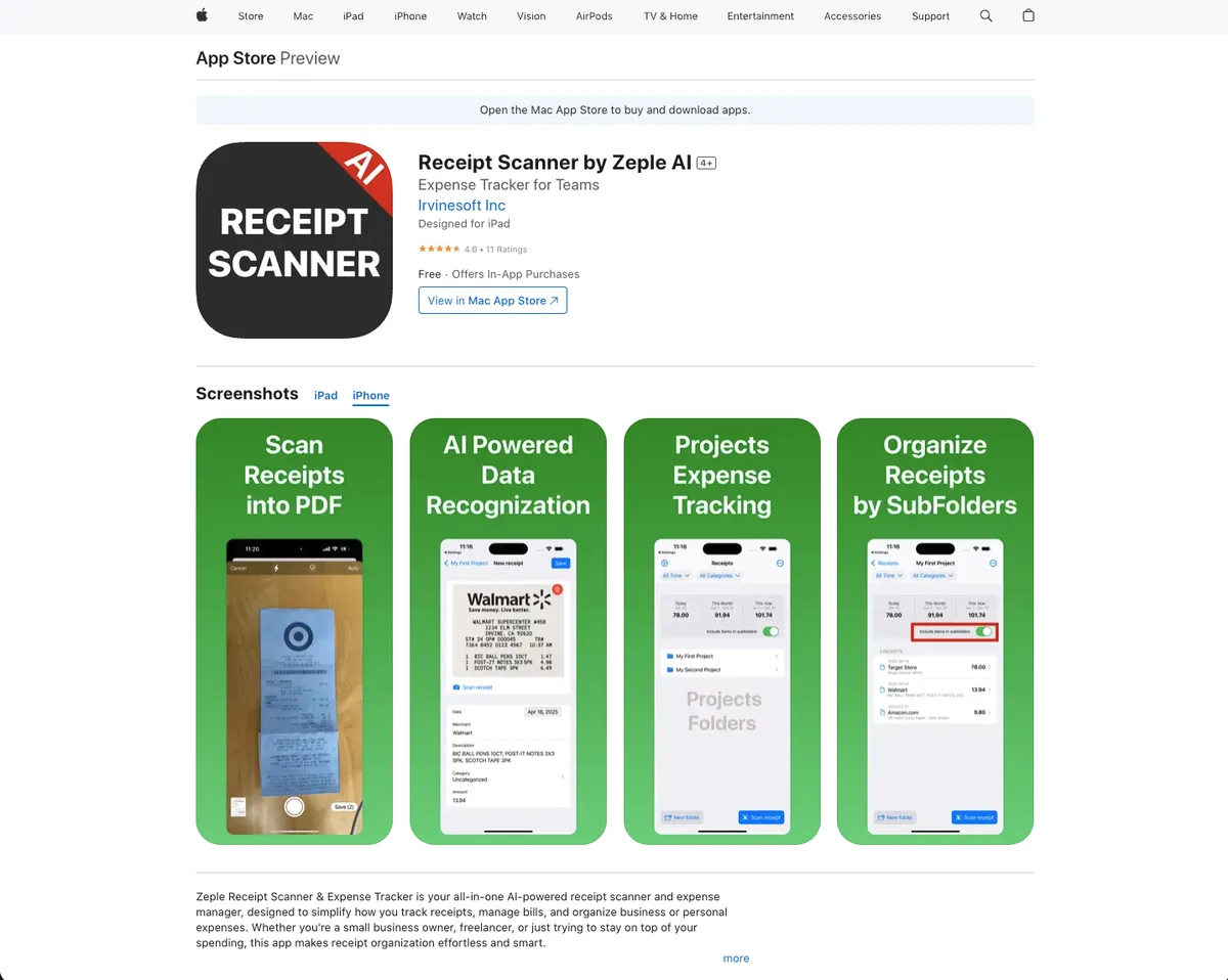 Power Receipt App Store listing with feature screenshots: Scan Receipts into PDF, AI Powered Data Recognition, Projects Expense Tracking, Organize Receipts by Subfolders
