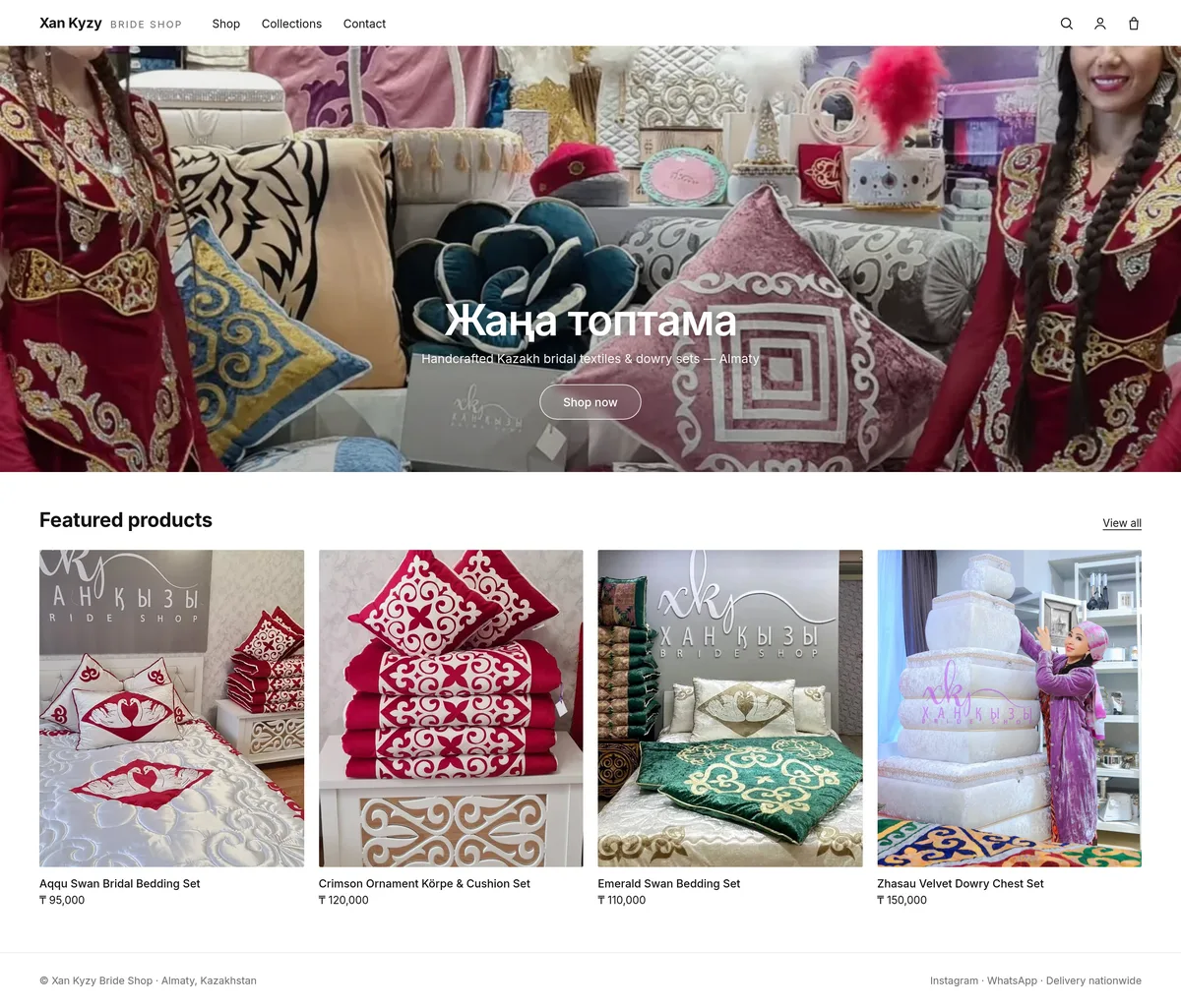 The Xan Kyzy Shopify homepage with hero image and featured bridal bedding products